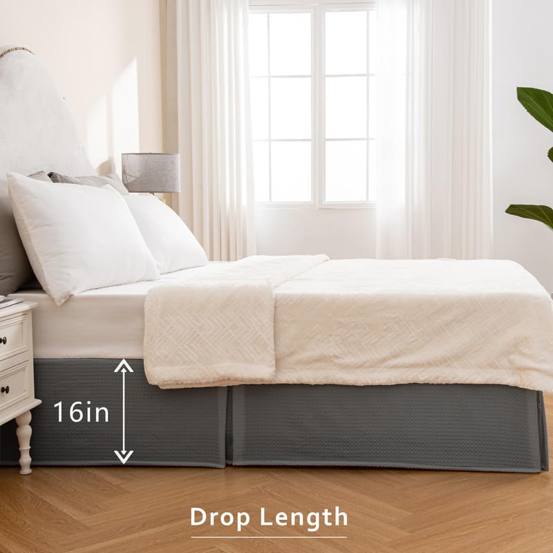 MIYE Pleated Waffle Weave Bed Skirt  Tailored Dust Ruffle 16 Inch Drop Easy Fit  Machine Washable (Dark Grey  TwinXL - 16"" Drop)