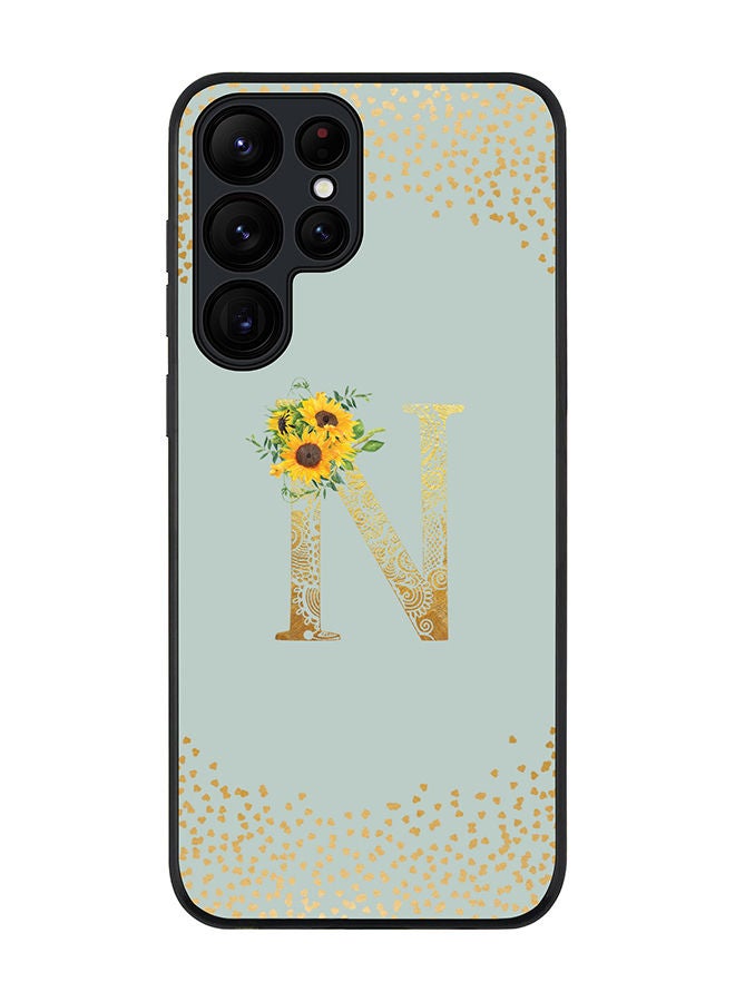 Stylizedd Rugged Black edge case for Samsung Galaxy S23 Ultra 5G Slim fit Soft Case Flexible Rubber Edges Anti Drop TPU Gel Thin Cover - Custom Monogram Initial Letter Floral Pattern Alphabet - N (Light Grey ) - Image 1