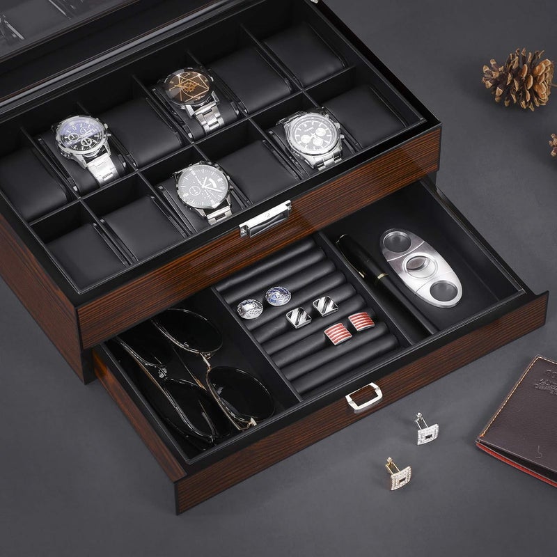 BEWISHOME 12 Watch Box with Valet Drawer, Luxury Watch Case,Watch Organizer for Mens Accessories with Real Glass Top,Metal Hinge, Brown SSH02Y - Image 5