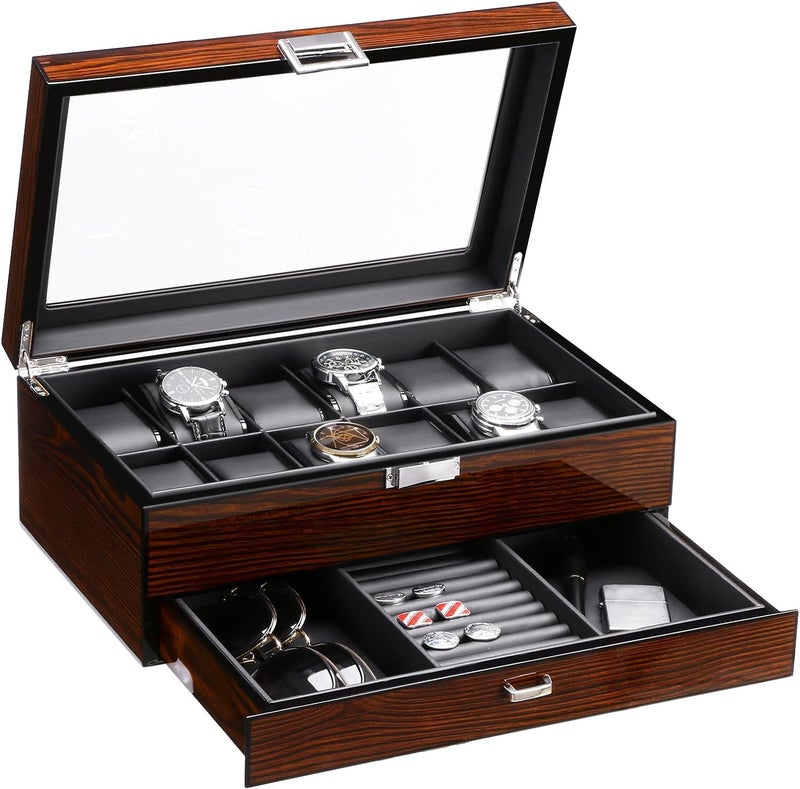 BEWISHOME 12 Watch Box with Valet Drawer, Luxury Watch Case,Watch Organizer for Mens Accessories with Real Glass Top,Metal Hinge, Brown SSH02Y - Image 1