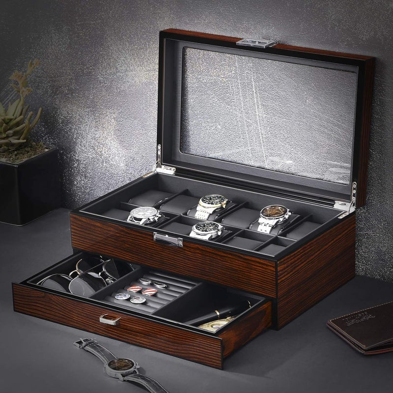 BEWISHOME 12 Watch Box with Valet Drawer, Luxury Watch Case,Watch Organizer for Mens Accessories with Real Glass Top,Metal Hinge, Brown SSH02Y - Image 2