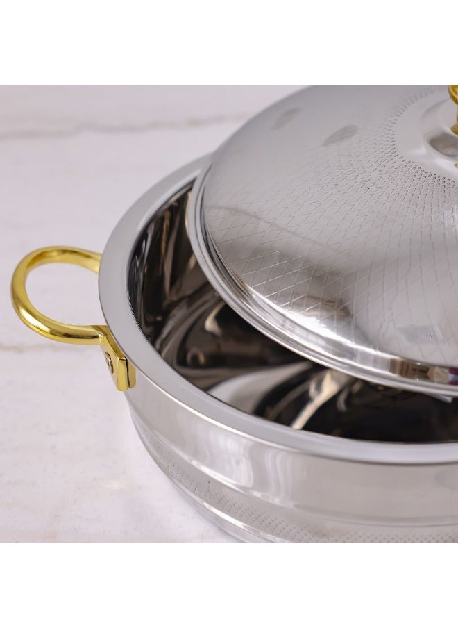 DANUBE HOME Nomaris Hot Pot with Etching Work, Gold & Shiny Polished, 4500 ml – Elegant Luxury Serving Pot, Durable, Stylish Design for Family Meals, Special Occasions & Festive Dining 34x34x15CM  - Image 3