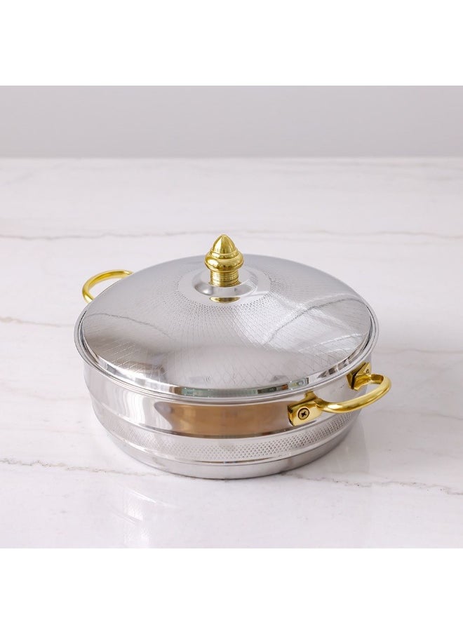 DANUBE HOME Nomaris Hot Pot with Etching Work, Gold & Shiny Polished, 4500 ml – Elegant Luxury Serving Pot, Durable, Stylish Design for Family Meals, Special Occasions & Festive Dining 34x34x15CM  - Image 1