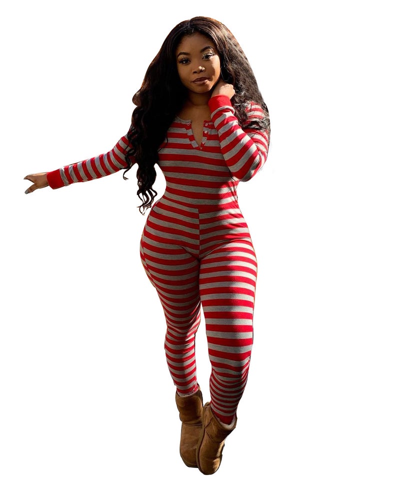 Cross-border Foreign Trade European and American Home Wear Female Red Plaid Casual Warm Long-sleeved Trousers Jumpsuit Amazon ebay Red Stripe