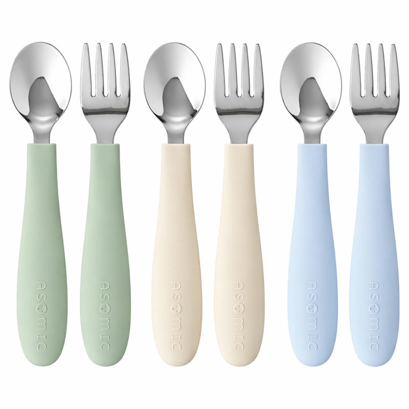 ASOMIC Premium 316 Stainless Steel Cutlery Set with Food-Grade Silicone Handles for Toddlers & Kids, 6-Piece Utensils Set with Safe Spoons & Forks, Durable & Dishwasher Safe (Sage/Sky Blue/Ivory) - Image 1