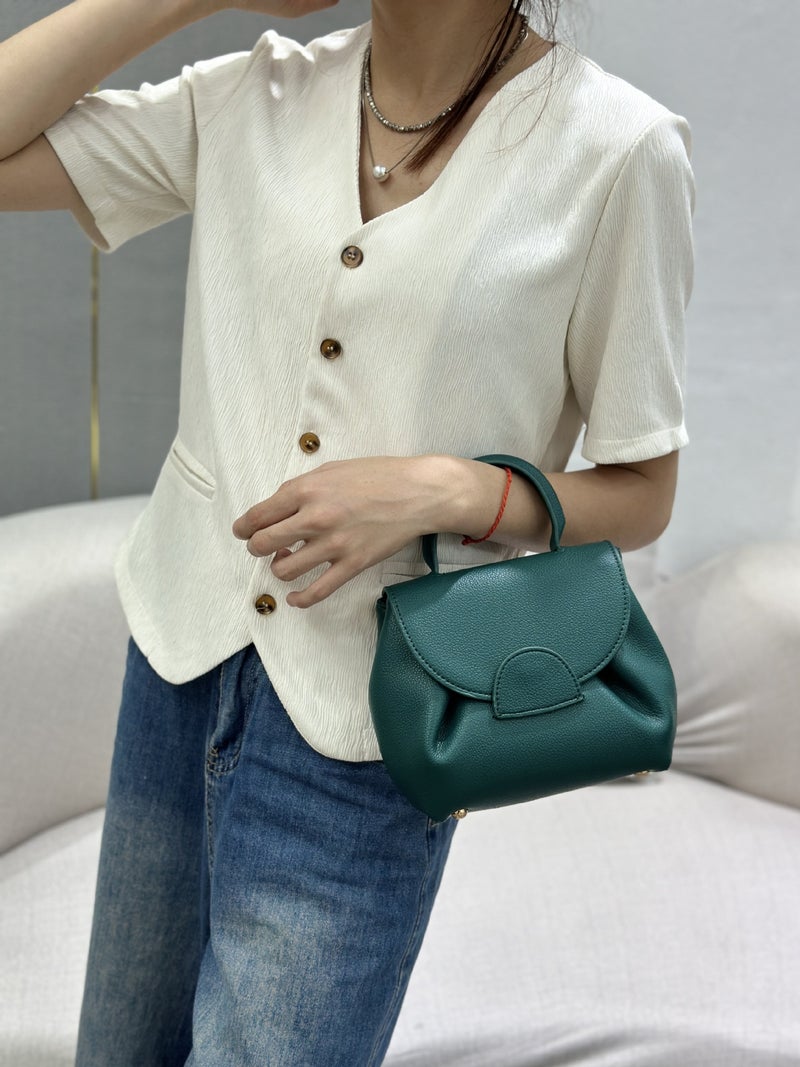 French Niche Design Handbag With Litchi Pattern Contrasting Piggy Bag One-Shoulder Cross-Body Smiley Face Bag Small Size - Image 3