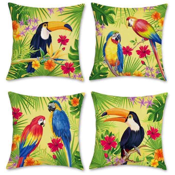 TROPICAL BIRDS PARROT TOUCAN THROW PILLOW COVERS 18 X 18 INCH SET OF 4 FLOWERS LEAVES OUTDOOR DECORATIVE PILLOW CASES POLYESTER LINEN CUSHION COVERS FOR SOFA COUCH CAR BEDROOM HOME DECOR