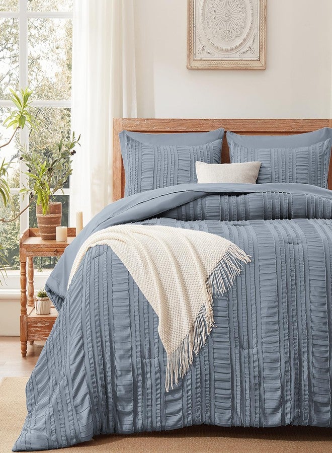 DHSFKBE Blue Tufted Comforter Set Queen Size 7 Piece Bed in a Bag，Shabby Chic Boho Bedding for Bedroom Comforter，All Season Soft Microfiber Ruffle Comforter Set with Pillow and Sheets - Image 2