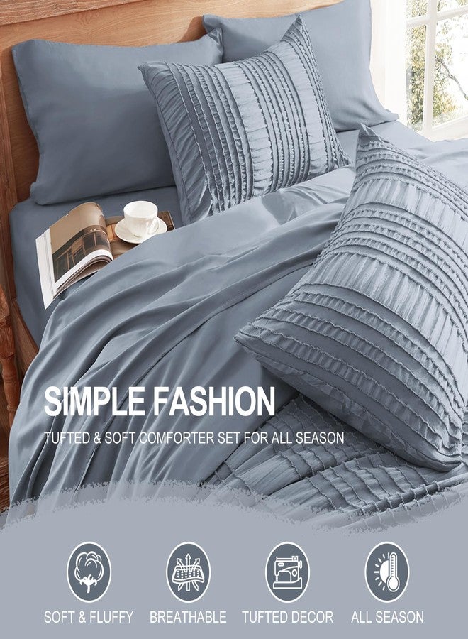 DHSFKBE Blue Tufted Comforter Set Queen Size 7 Piece Bed in a Bag，Shabby Chic Boho Bedding for Bedroom Comforter，All Season Soft Microfiber Ruffle Comforter Set with Pillow and Sheets - Image 4