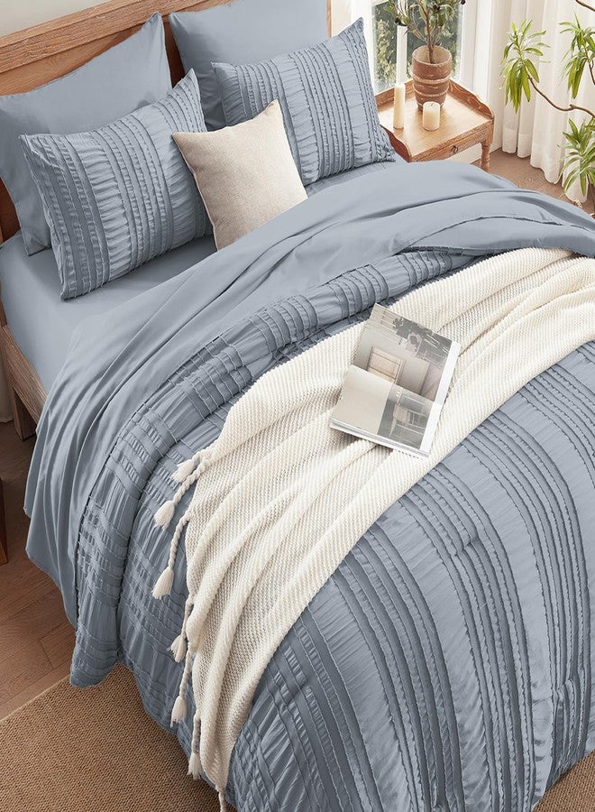 DHSFKBE Blue Tufted Comforter Set Queen Size 7 Piece Bed in a Bag，Shabby Chic Boho Bedding for Bedroom Comforter，All Season Soft Microfiber Ruffle Comforter Set with Pillow and Sheets - Image 3