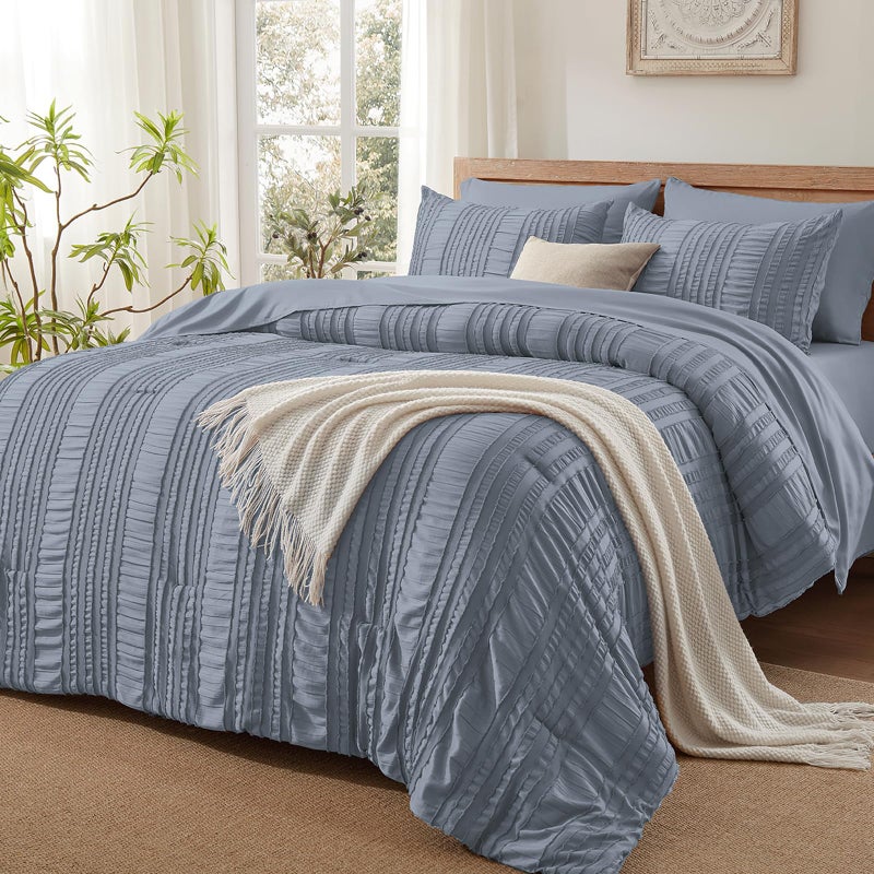 DHSFKBE Blue Tufted Comforter Set Queen Size 7 Piece Bed in a Bag，Shabby Chic Boho Bedding for Bedroom Comforter，All Season Soft Microfiber Ruffle Comforter Set with Pillow and Sheets - Image 1