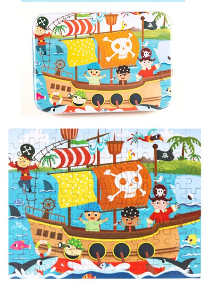 ألغاز خشبية 120 قطعة حيوانات كرتونية من حكايات الجنيات مجموعة تعليمية مبكرة للأطفال لعبة مونتيسوري هدية للأطفال، قراصنة - Image 1