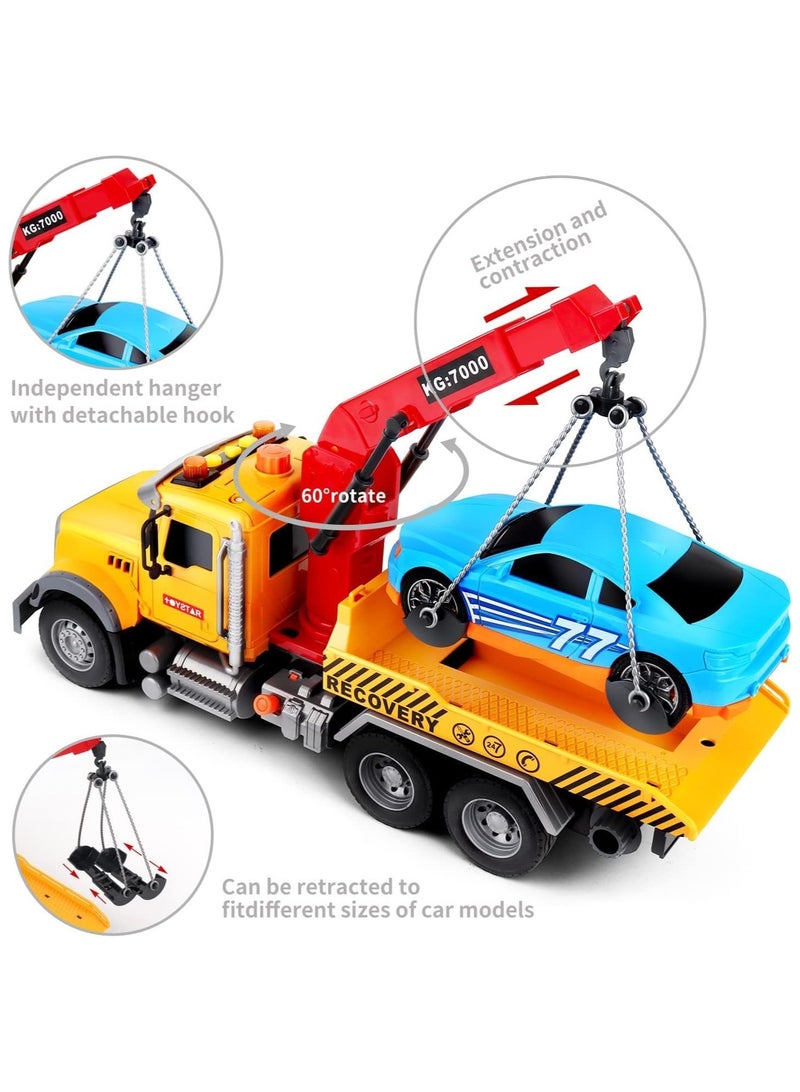 سوفام 15"Big Tow Truck Toy with Hook and Car for Boys"، Friction Powered Transport Truck Crane Toy for 3 4 Years Old Boy، Pull Back Trcuk Toys with Light and Sound for Kids - Image 2