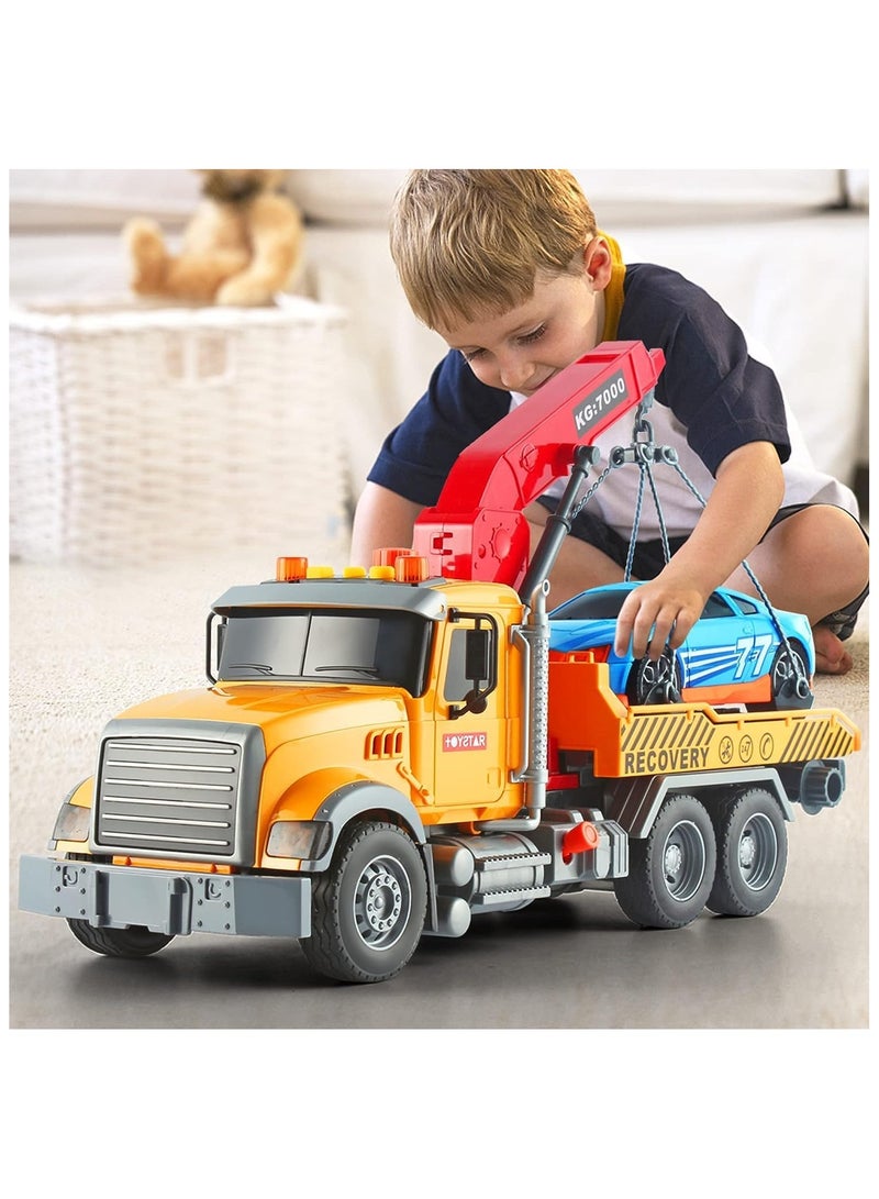 سوفام 15"Big Tow Truck Toy with Hook and Car for Boys"، Friction Powered Transport Truck Crane Toy for 3 4 Years Old Boy، Pull Back Trcuk Toys with Light and Sound for Kids - Image 1