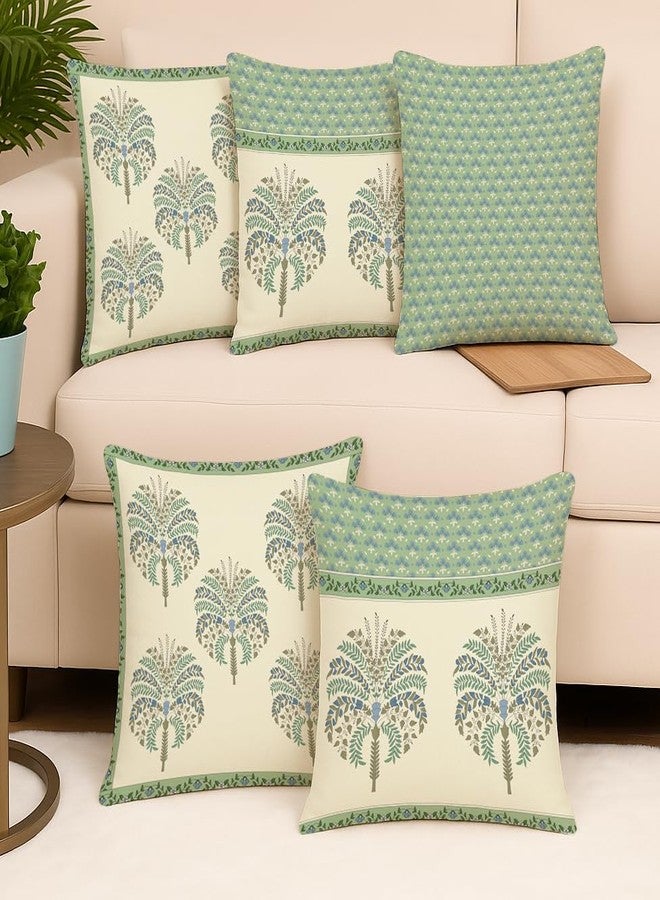 BRICK HOME Set of 5 Polycotton Printed Cushion Covers 18x18 Inches | Traditional Palm & Floral Design | Mint Green, Blue & Beige | Soft Decorative Pillow Covers for Sofa, Couch & Living Room - Image 2