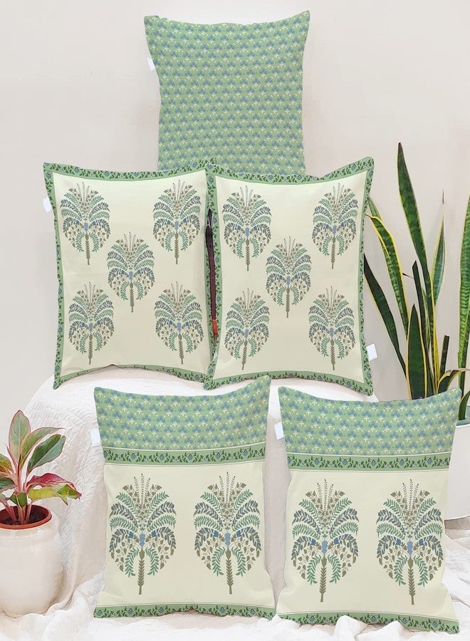 BRICK HOME Set of 5 Polycotton Printed Cushion Covers 18x18 Inches | Traditional Palm & Floral Design | Mint Green, Blue & Beige | Soft Decorative Pillow Covers for Sofa, Couch & Living Room - Image 1