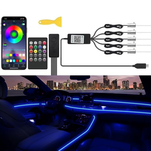 TEKSHINNY Car LED Interior Strip Lights, TEKSHINNY RGB Car Interior LED Light Wireless APP Button Remote Control, 5 in 1 Fiber Optic Ambient Lighting Kit with 236 Inches, EL Wire Lights for Car Inside - Image 1