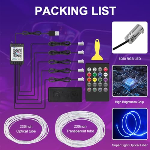 TEKSHINNY Car LED Interior Strip Lights, TEKSHINNY RGB Car Interior LED Light Wireless APP Button Remote Control, 5 in 1 Fiber Optic Ambient Lighting Kit with 236 Inches, EL Wire Lights for Car Inside - Image 5