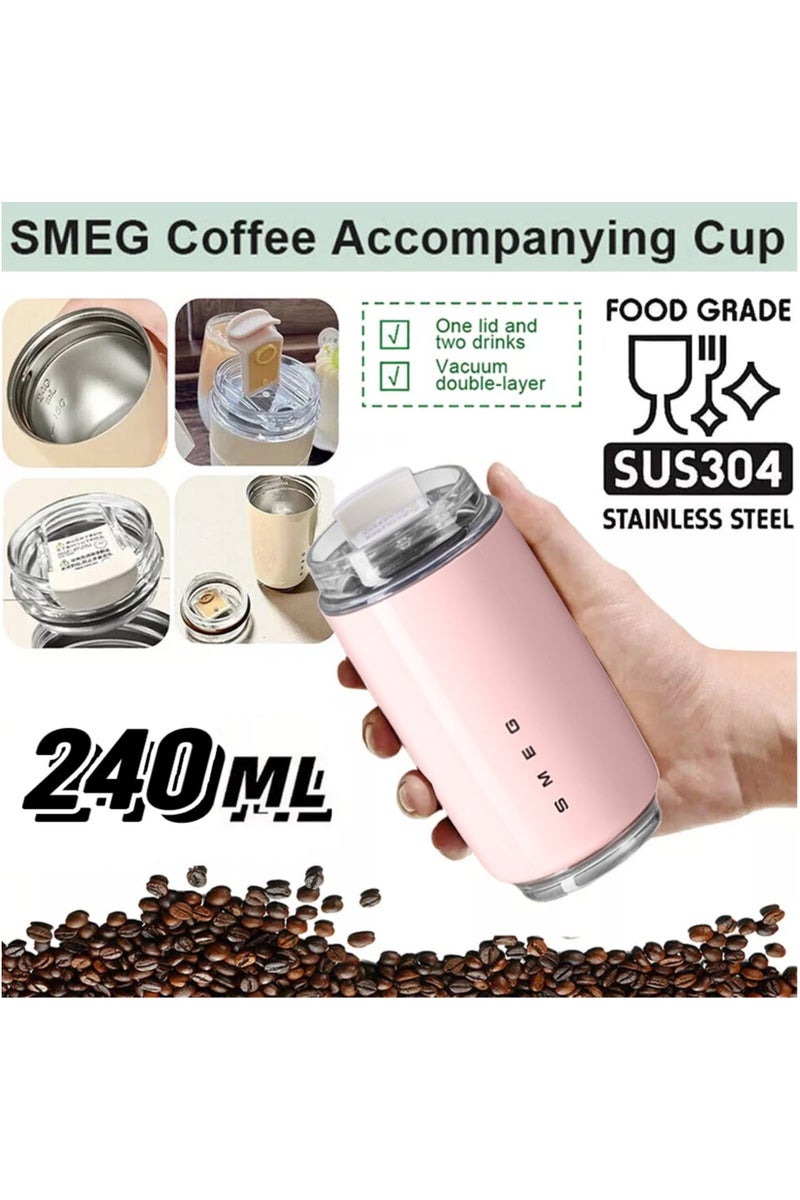 smeg Travel Coffee Mug, 240ml Insulated Beverage Cup With Leakproof Lid, Long Lasting Coffee Tumbler With Lid And Straw, Travel Coffee Thermos Pink - Image 2