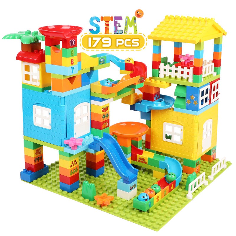 EP EXERCISE N PLAY Marble Run Building Blocks with 6 Balls, 179 Pcs Big Castle Building Toy Set Compatible Classic Blocks Maze Track, Marble Runs for Kids 4-8, Stem Learning Toddler Toys Gifts for Boys Girls Kids - Image 1