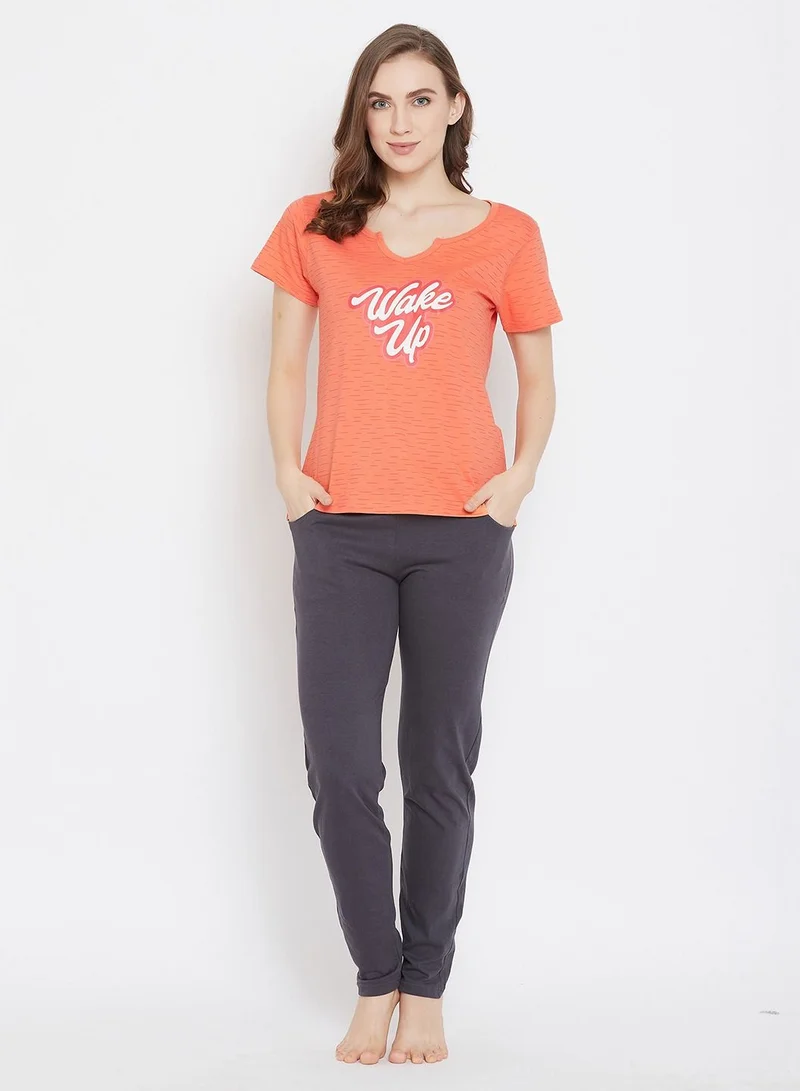 كلوفيا Clovia Lazy Lounge Top and Pyjama in Orange and Grey - 100% Cotton