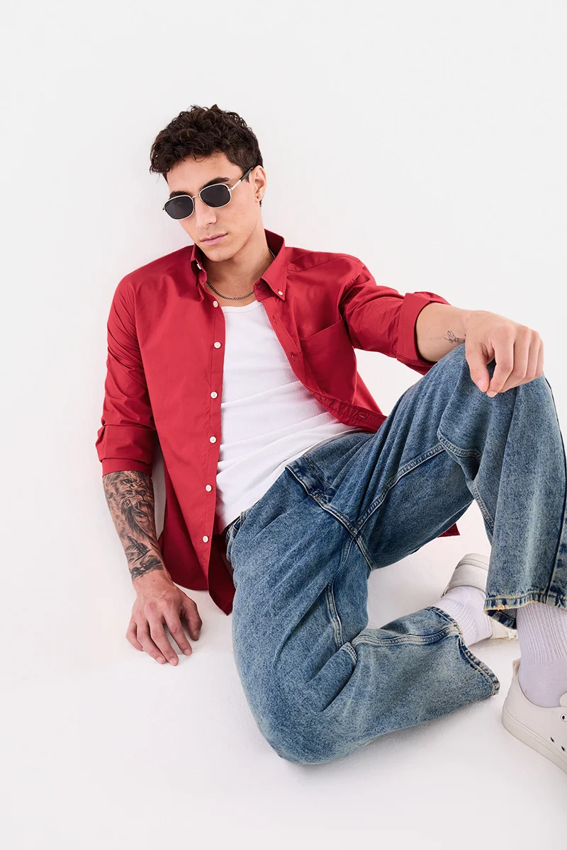 سنيتش Red Solid Long Sleeve Regular Fit Shirt