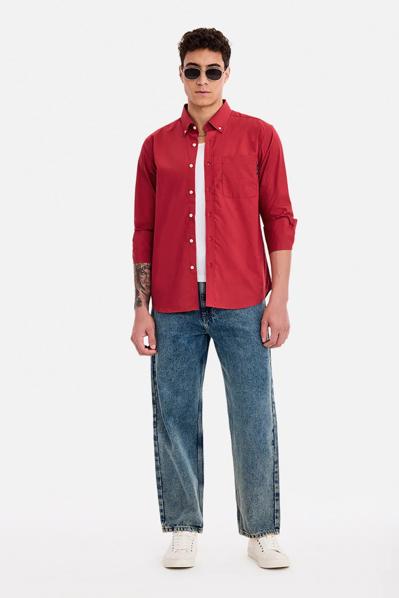 سنيتش Red Solid Long Sleeve Regular Fit Shirt