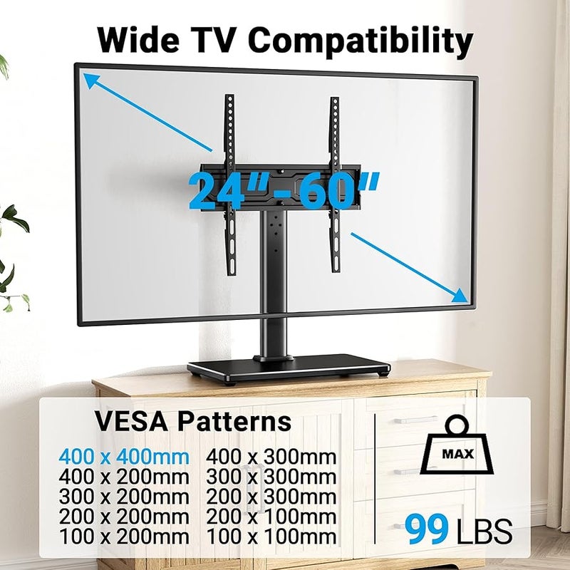 PERLESMITH Universal TV Stand - Table Top TV Stand for 32-47 Inch LCD LED TVs - Height Adjustable TV Base Stand with tempered Glass Base & Wire Management & Security Wire, Holds Up to 88lbs, VESA 400x400mm - Image 2