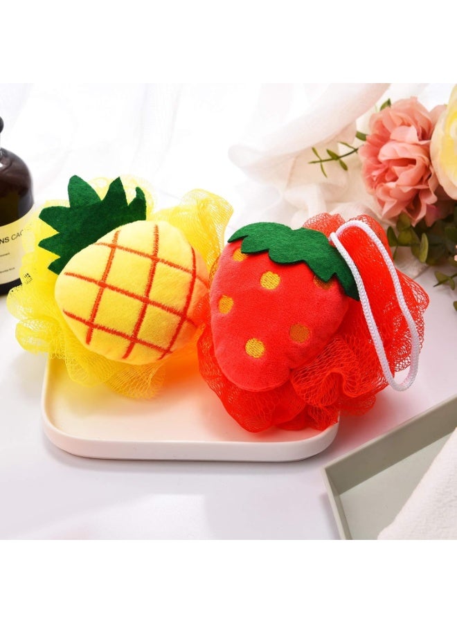 2 قطعة ليفة استحمام شبكية فواكه كرتونية ملونة – إسفنجة شاور فروت شكل فراولة وبطيخ وأناناس وبرتقال – كرة استحمام Mesh Pouf Shower Ball لتنظيف الجسم وتقشير البشرة – لوفة نايلون ناعمة للأطفال والكبار مع علاقة تعليق - Image 4
