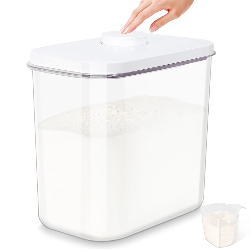TBMAXS Airtight Rice Container 25 Lbs with Handle and Cup â€“ 12.68Qt Large Flour Sugar Storage Container with Pop Up Seal & Hanging Lid Hooks, Clear Tall Food Storage Bin for Kitchen Pantry Organization - Image 1