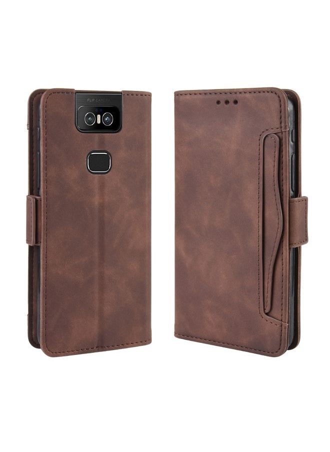 HuHa Case Cover Wallet Style Skin Feel Calf Pattern Leather Case For Asus Zenfone 6 ZS630KL,with Separate Card Slot Brown 