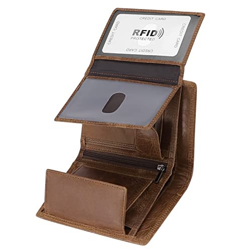 HAWEE Trifold Billfold RFID Blocking Cowhide Leather Wallet for Men 10 Card Slots 2 ID Windows with Coin Pocket, Brown - Image 1