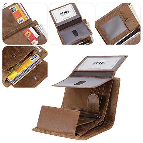 HAWEE Trifold Billfold RFID Blocking Cowhide Leather Wallet for Men 10 Card Slots 2 ID Windows with Coin Pocket, Brown - Image 3