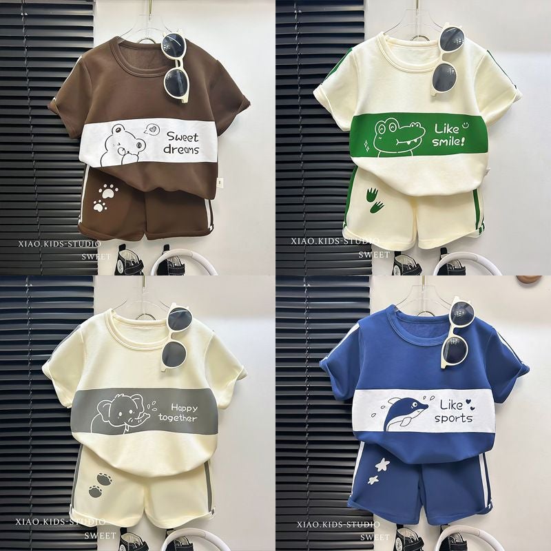 Children'S Short-Sleeved Suit Boys Summer Baby Handsome Casual T-Shirt Shorts Two-Piece Set Kidsren'S Clothing - Image 2