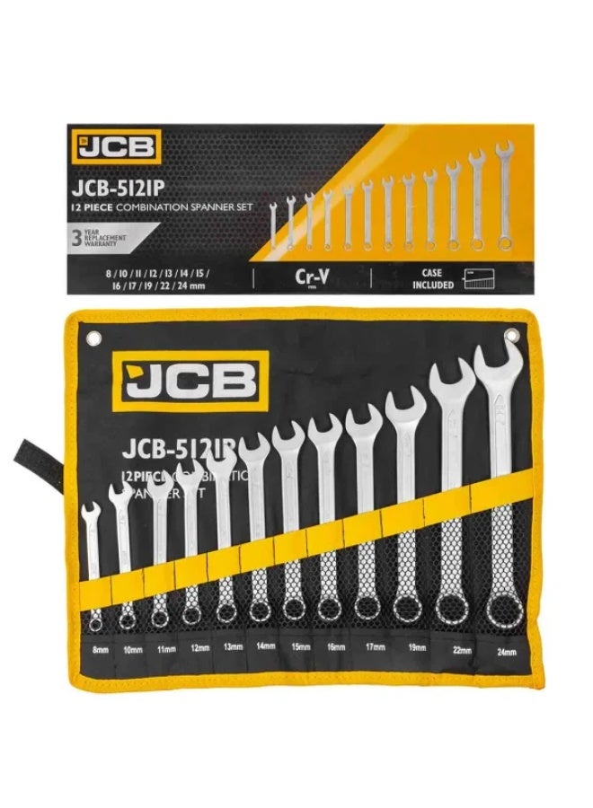 جيه سي بي طقم مفاتيح ربط комбини (مفتوحة ومغلقة) 12 قطعة (8، 10–17، 19، 22، 24 مم) مع حامل تخزين - Image 1