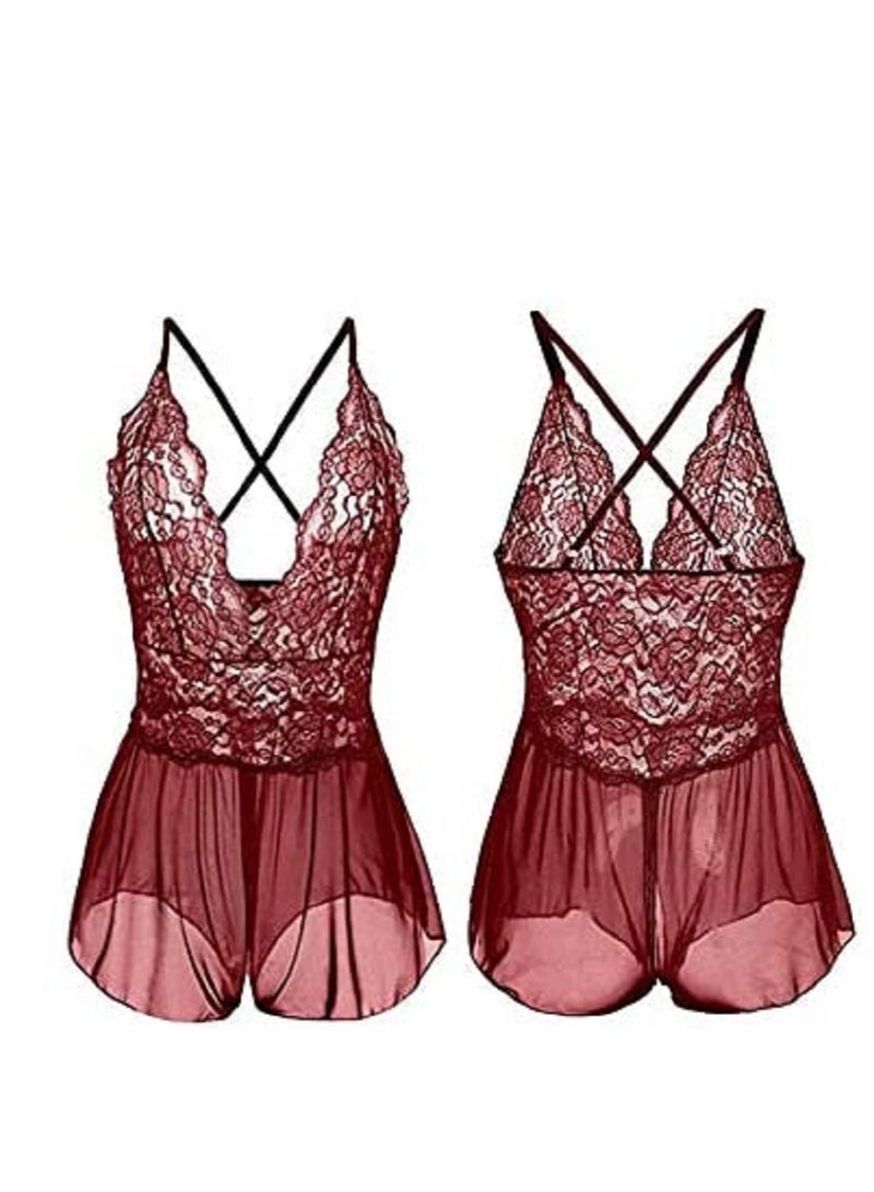 Women Floral Print Night Romper Lace Trim High Cut Lingerie Chemise Nightgown.  - Image 2