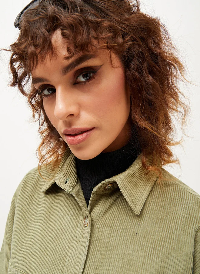 SASSAFRAS Olive Green Oversized Corduroy Shirt for Women