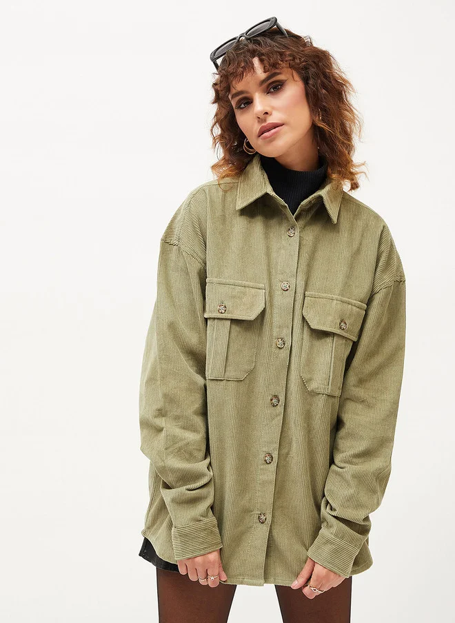 SASSAFRAS Olive Green Oversized Corduroy Shirt for Women