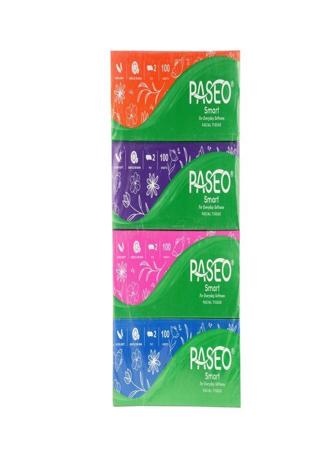 PASEO Smart 2 Ply Facial Tissue Box | Packf of 4, 100 Pulls, 800 Sheets | Ultra Soft And Highly Absorbent | 100% Virgin & OBA Free | Car Tissue, Home, Bathroom & Office Use - Image 1