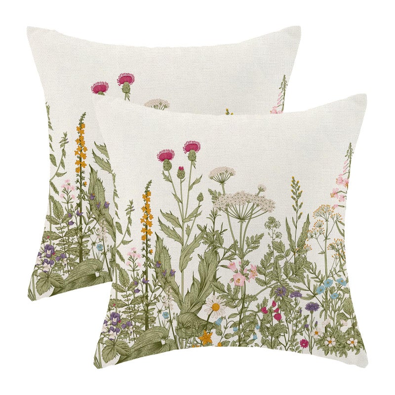 AEIOAE Sage Green Pillow Covers 16x16 Inch Set of 2 Spring Wildflower Plant Throw Pillows CaseSeasonal Floral Outdoor Decorative Flowers Farmhouse Decor Cushion Covers for Home Sofa Bed Couch