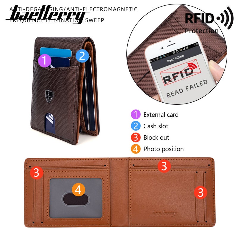 محفظة الرجال قصيرة baellerry و RFID ألياف الكربون الذهب كليب رقيقة متعددة البطاقة حقيبة البطاقة المغناطيسية - Image 4