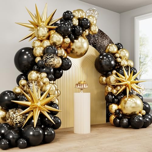 RUBFAC 140pcs Black and Gold Balloons, Black Metallic Gold Confetti Star Latex Balloons 5 10 12 18 Inch for 2025 Graduation Class Decorations Birthday Retirement Wedding Anniversary Party Decorations - Image 1