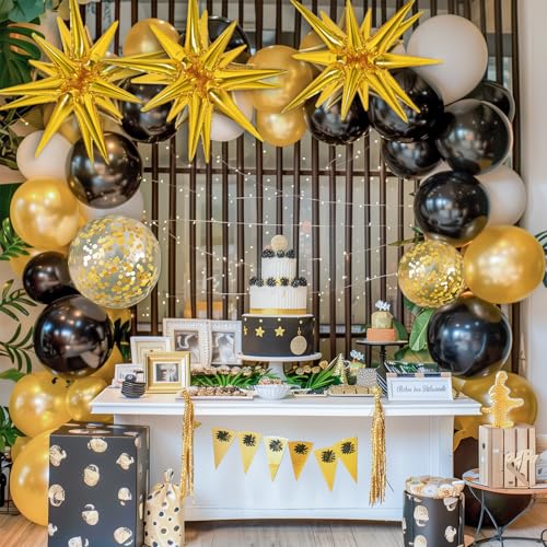 RUBFAC 140pcs Black and Gold Balloons, Black Metallic Gold Confetti Star Latex Balloons 5 10 12 18 Inch for 2025 Graduation Class Decorations Birthday Retirement Wedding Anniversary Party Decorations - Image 5