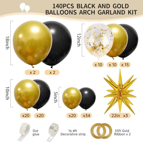 RUBFAC 140pcs Black and Gold Balloons, Black Metallic Gold Confetti Star Latex Balloons 5 10 12 18 Inch for 2025 Graduation Class Decorations Birthday Retirement Wedding Anniversary Party Decorations - Image 2