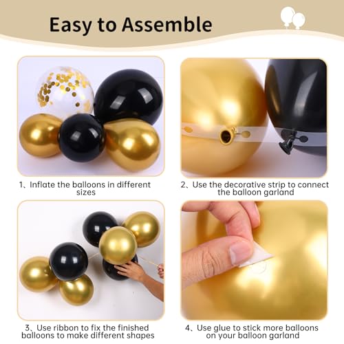 RUBFAC 140pcs Black and Gold Balloons, Black Metallic Gold Confetti Star Latex Balloons 5 10 12 18 Inch for 2025 Graduation Class Decorations Birthday Retirement Wedding Anniversary Party Decorations - Image 3