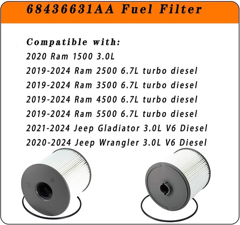ZIMGLOBAL 68436631AA فلتر وقود PF46152 متوافق مع رام 2019-2022 2500 3500 4500 5500 بمحرك ديزل 6.7 لتر، ورام 1500 3.0 لتر V6 إيكو ديزل مثبت على الإطار، وجيب رانجلر/جلاديتور 2020-2022 بمحرك V6 3.0 لتر (31AA-4 قطع) - Image 2
