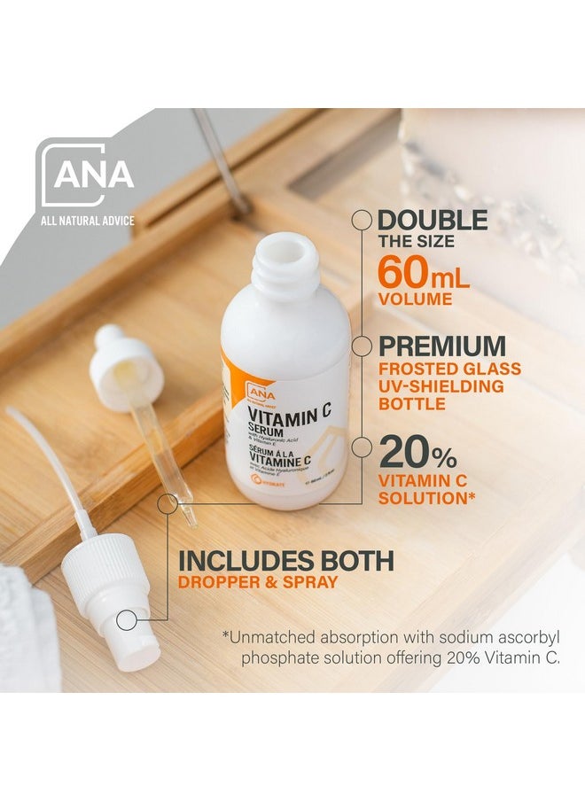 All Natural Advice - All Natural Advice Vitamin C Serum 60mL | 20% Vitamin C Face Serum Solution with Organic Botanicals, Hyaluronic Acid & Vitamin E | UV-Shielding Glass Bottle, Spray & Dropper | Canadian Skin Care - Image 1
