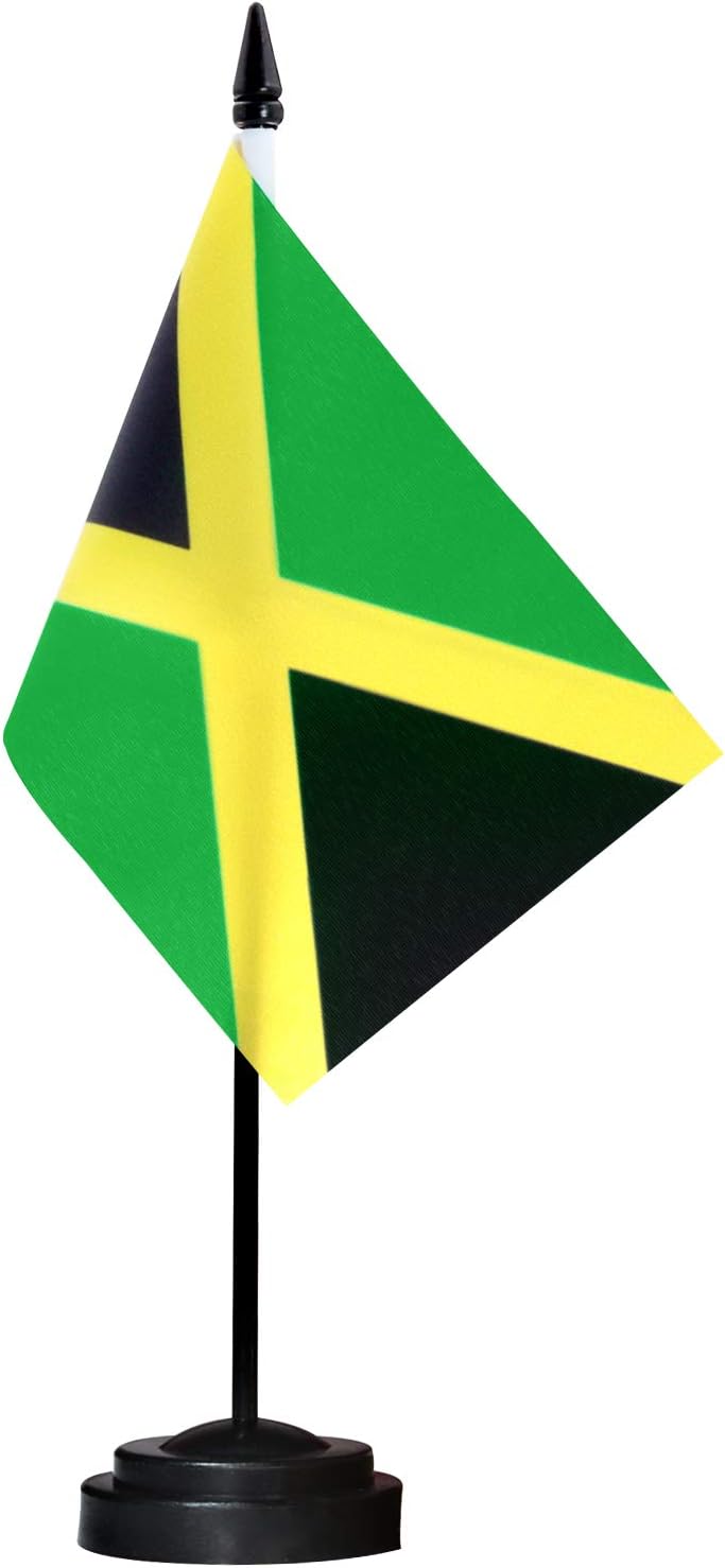 Anley ANLEY Jamaica Deluxe Desk Flag Set  6 x 4 Inch Miniature Jamaican Desktop Flag with 12 Solid Pole  Vivid Color and Fade Resistant  Black Base and Spear Top  - Image 1