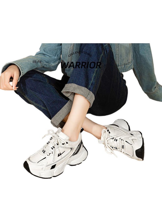 Pull Back Huili Women'S Shoes, Spring And Autumn Trendy Dad Shoes, Versatile Thick-Soled Heightening Casual Sneakers For Women, White And Black (Leather Surface), Size 38 - Image 2