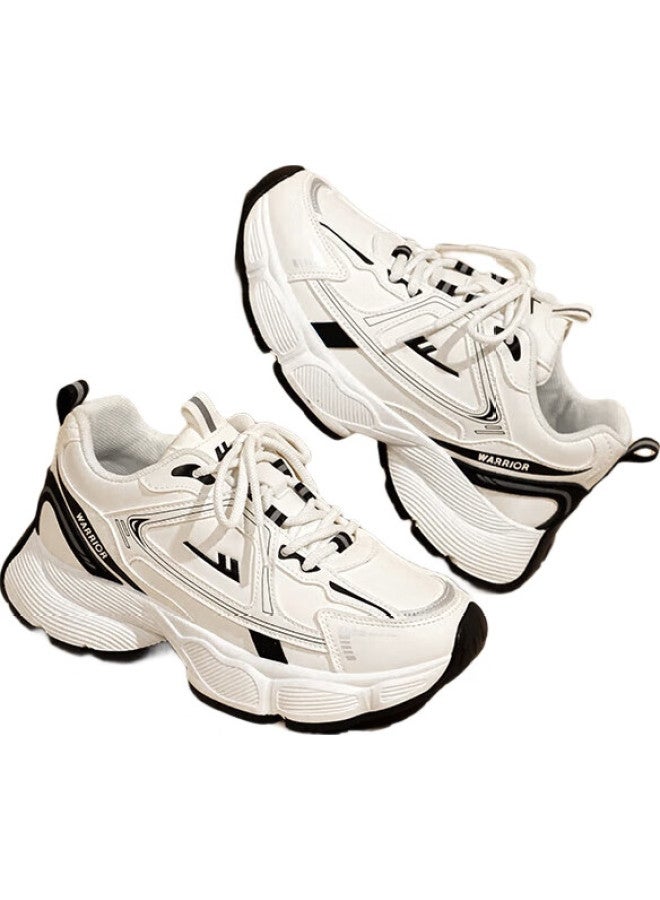 Pull Back Huili Women'S Shoes, Spring And Autumn Trendy Dad Shoes, Versatile Thick-Soled Heightening Casual Sneakers For Women, White And Black (Leather Surface), Size 38 - Image 1